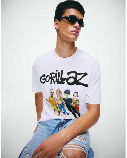 Bershka White Relaxed Fit Gorillaz Print T-shirt for men
