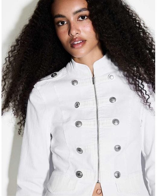 Stradivarius White Military Denim Blazer