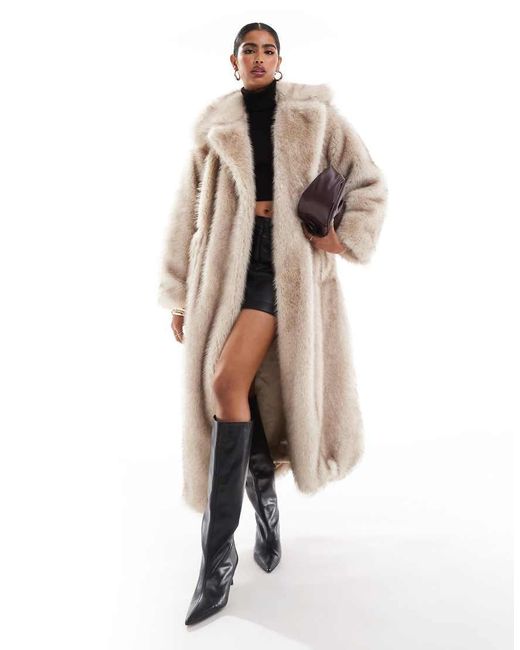 4th & Reckless Natural Oversized Tie Waist Faux Fur Maxi Coat