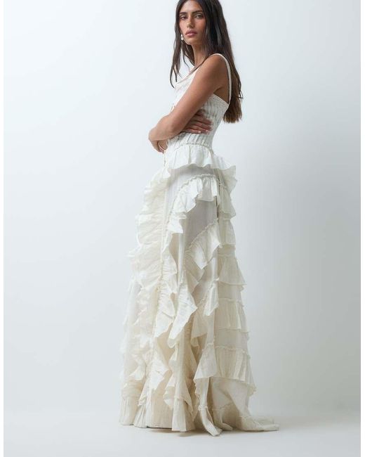 Miss Selfridge White Premium Embroidered Ruffle Detail Maxi Dress