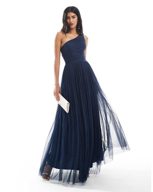 LACE & BEADS Blue Bridesmaid One Shoulder Maxi Dress