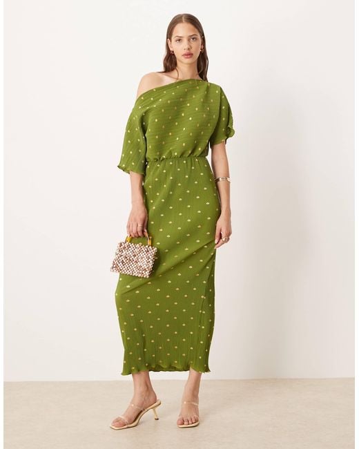 Never Fully Dressed Green Tilly Plisse Off Shoulder Midaxi Dress