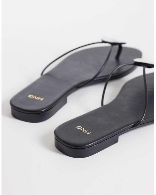 Mango Blue 100% Leather Flat Sandals With Pearl Detail