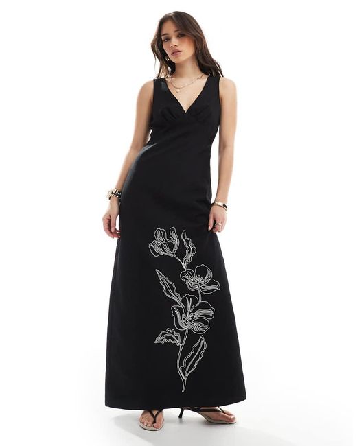 4th & Reckless Black Linen Look V Neck Floral Embroidered Maxi Dress
