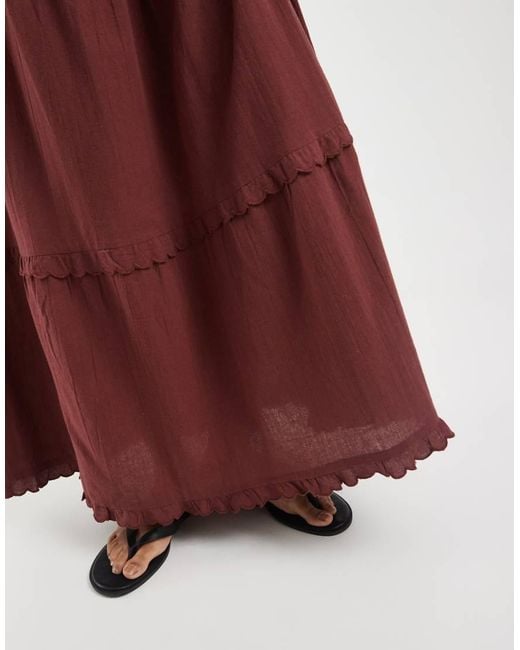 Vero Moda Red Cotton Cami Tie Maxi Dress With Scallop Edge Detail