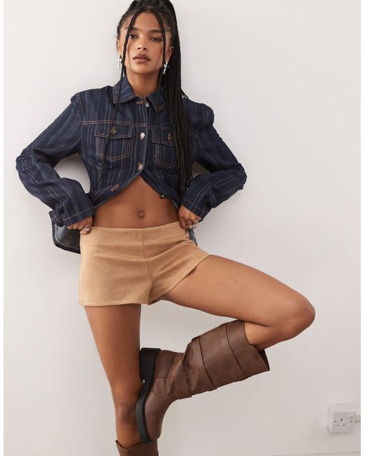 Lioness Brown Sun Drenched Faux Suede Low Waisted Micro Shorts