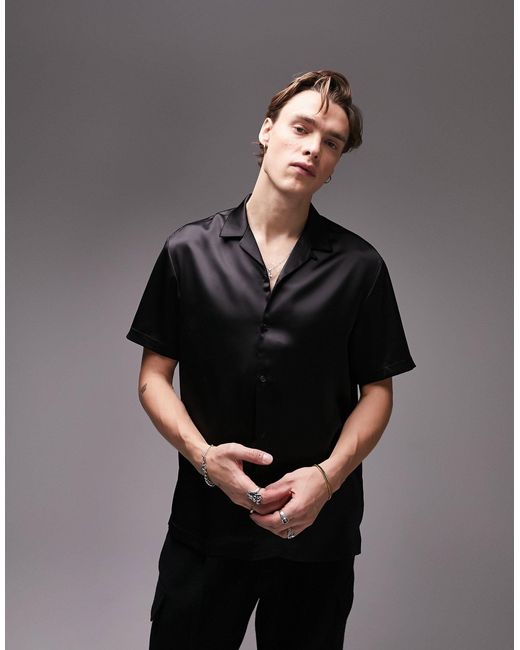 Topman Black Premium Short Sleeve Satin Shirt for men
