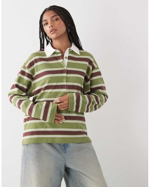 Reclaimed Vintage Green Stripe Rugby Long Sleeve Polo