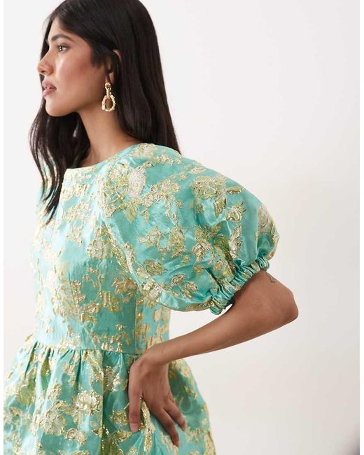Sister Jane Green Jacquard Puff Sleeve Bubble Hem Mini Dress