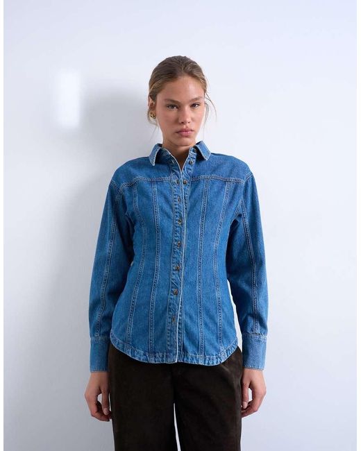 TOPSHOP Blue Denim Cinched Shirt With Seam Detail