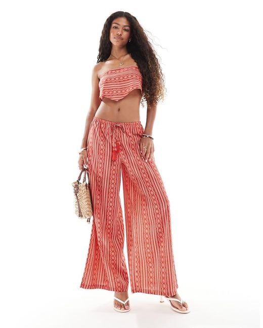 Wednesday's Girl Red Tile Print Wide Leg Beach Trousers