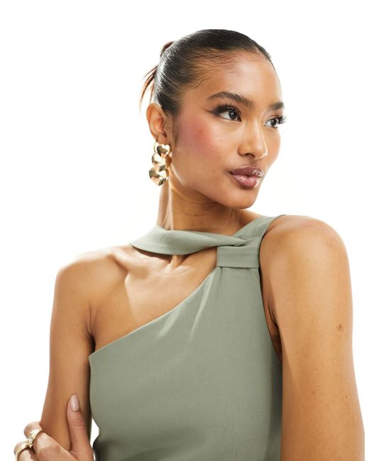 Vesper Green Exclusive One Shoulder Neck Detail Thigh Split Maxi Dress