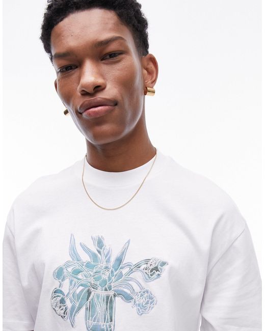 T-shirt oversize premium bianca con ricamo di fiori di Topman in White da Uomo