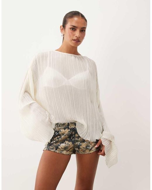 Lioness Natural Nice Nights Cuffed Sleeve Pleated Plisse Top