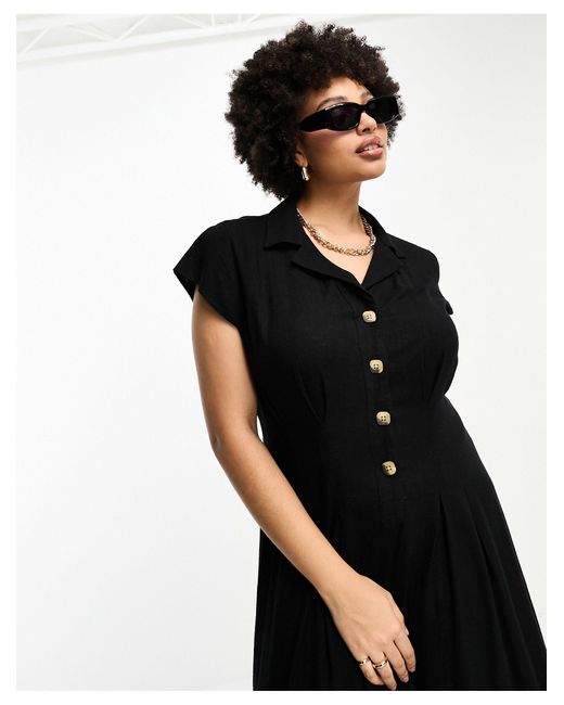 ASOS Black Asos Design Curve Linen Cap Sleeve Shirt Midi Dress With Pin Tucks