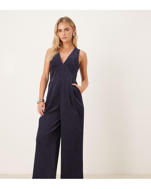 Nobody's Child Petite Blue Arizona Cord Pure Cotton V Neck Sleeveless Jumpsuit