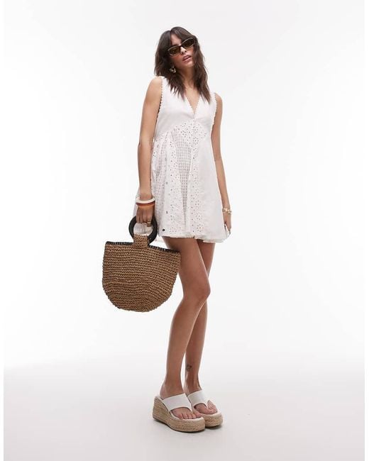 TOPSHOP White Cutwork And Broderie Trapeze Brodeire Mini Dress