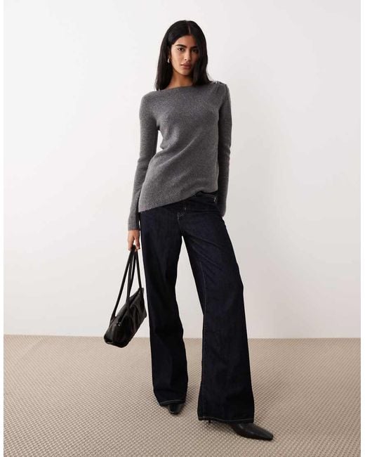 Mango Gray Wool Mix Boat Neck Asymmetric Hem Knitted Top