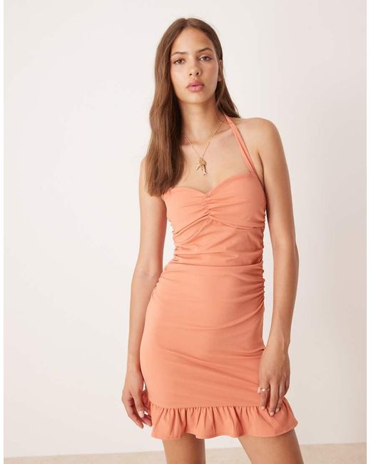 ASOS Orange Halter Sweetheart Ruched Mini Dress