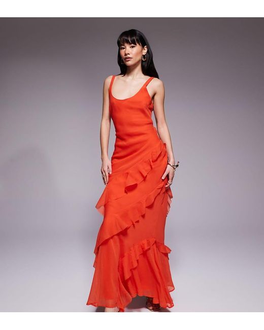 ASOS Red Asos Design Petite Scoop Neck Maxi Dress With Ruffle Skirt And Cut Out Back