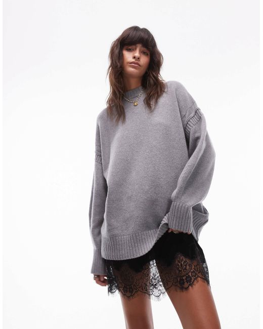TOPSHOP Gray Premium Contrast Seam Wool Blend Oversized Jumper