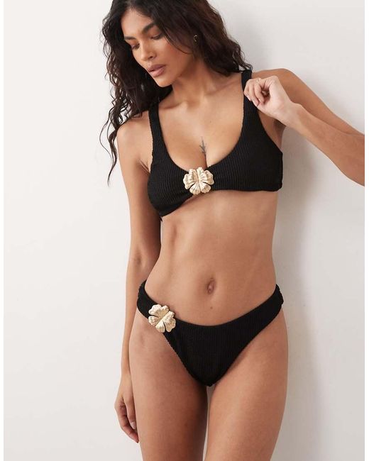 The Frolic Black Exclusive Crinkle Metal Flower Trim Scoop Neck Bikini Top