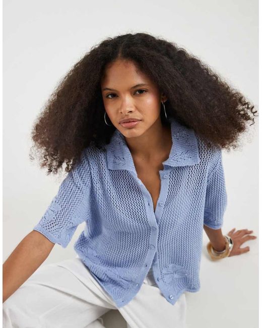 Vero Moda Blue Short Sleeve Floral Crochet Knit Button Front Polo Top