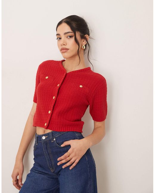 Vila Red Short Sleeve Boucle Knit Cardigan Style Top