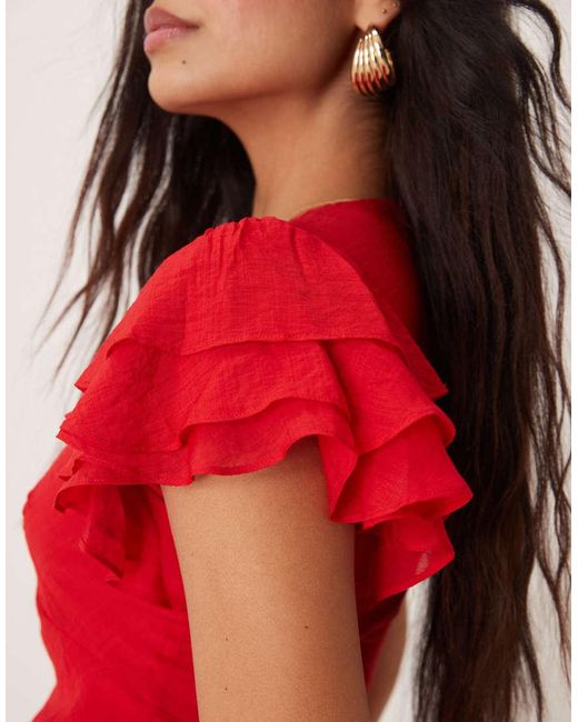 Nobody's Child Red Layla V Neck Midaxi Dress With Ruffle Shoulders