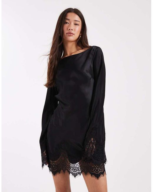 ASOS Black Satin Lace Trim Angel Sleeve Mini Dress