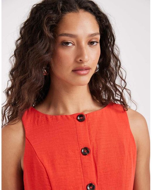 Vero Moda Red Linen Look Button Front Maxi Dress