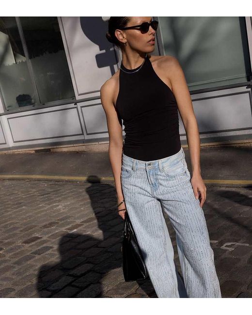 Stradivarius Black Petite Low-Rise Wide-Leg Jeans With Rhinestones