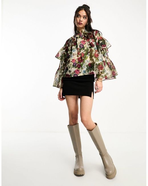 & Other Stories Multicolor Sheer Ruffle V Neck Tie Blouse With Bell Sleeves