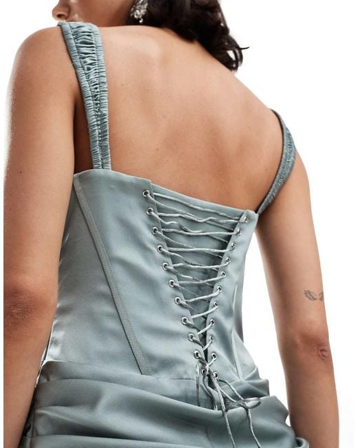 ASOS Blue Corset Detail Draped Satin Maxi Dress With Lace Up Back