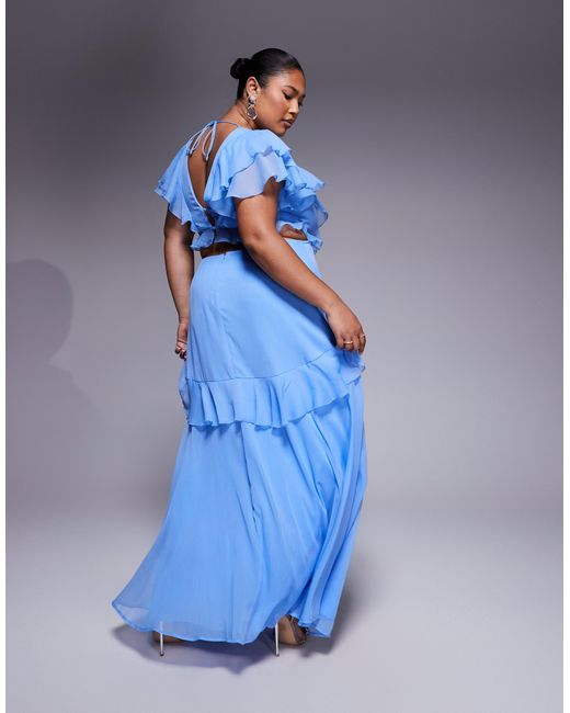 ASOS Blue Asos Design Curve Flutter Sleeve Ruffle Midi Dress With Cut Out