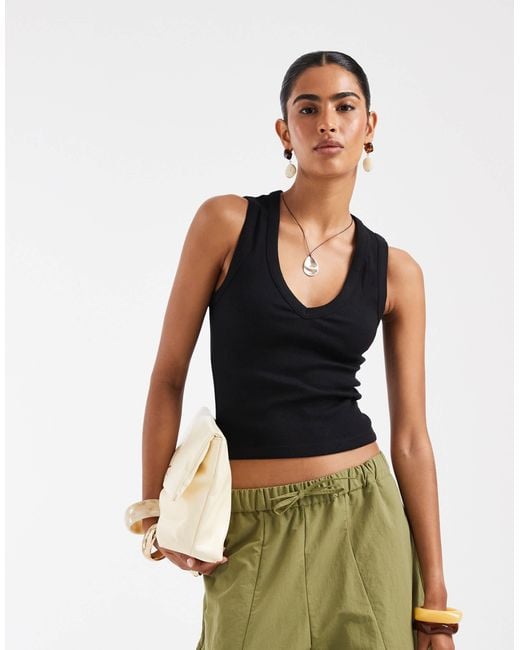 ASOS Black Ribbed V Neck Singlet
