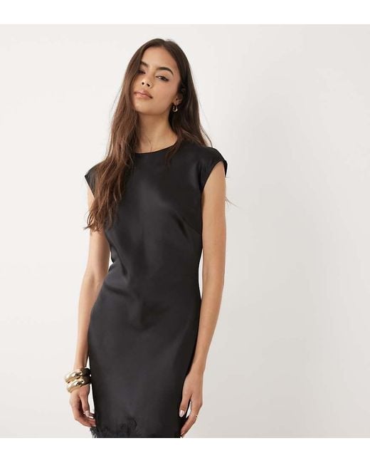 ASOS Black Asos Design Tall Slash Neck Satin Mini Dress With Lace Hem