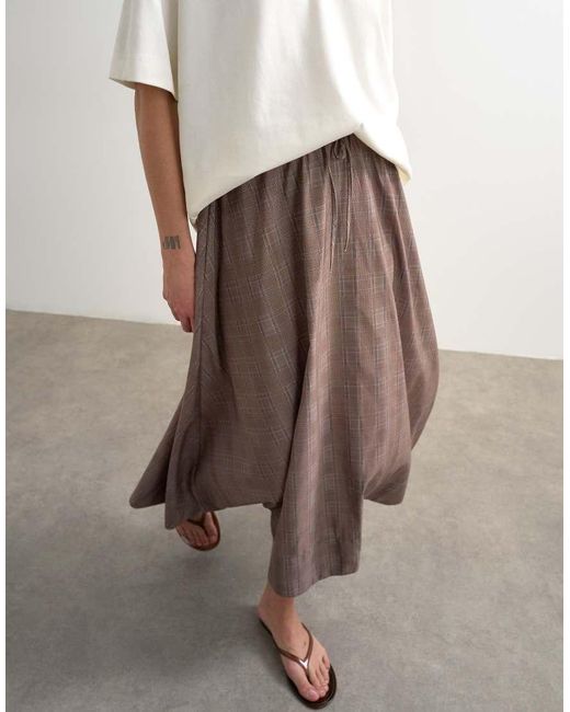 TOPSHOP Natural Co Ord Check Tie Waist Pleated Maxi Skirt