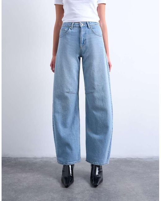 TOPSHOP Gebleekte Jeans Met Hoge Taille En Ronde, Wijde Pijpen in het Blue
