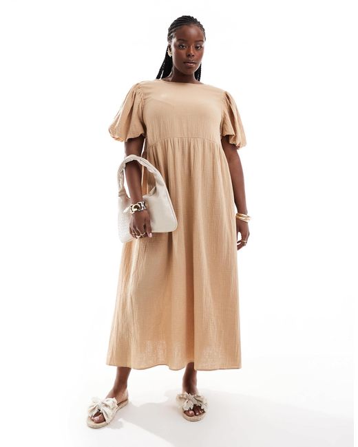 ASOS Asos Design Curve Double Cloth Midi Smock Dress With Puff Ball Sleeves in Natural Lyst