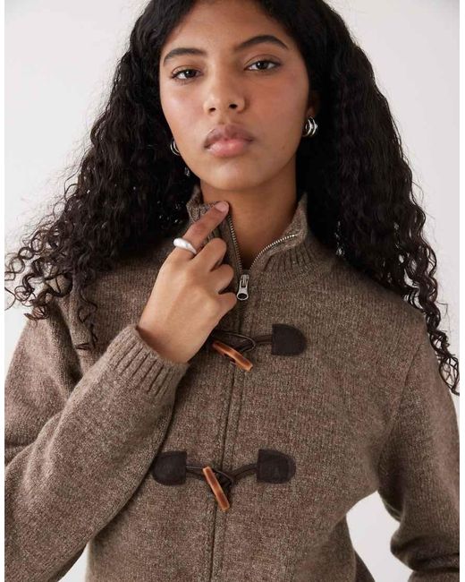 Reclaimed Vintage Brown Knit Zip Up With High Neck And toggles