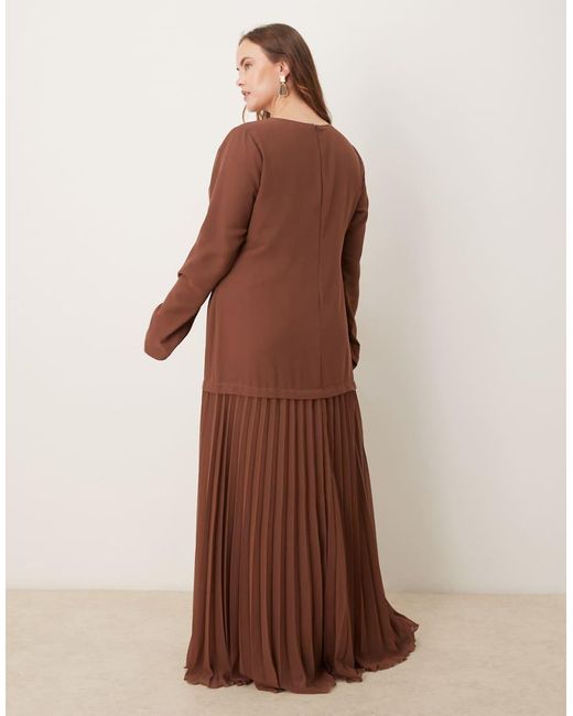 ASOS Brown Asos Design Curve Long Sleeved Pleated Skirt Maxi Dress