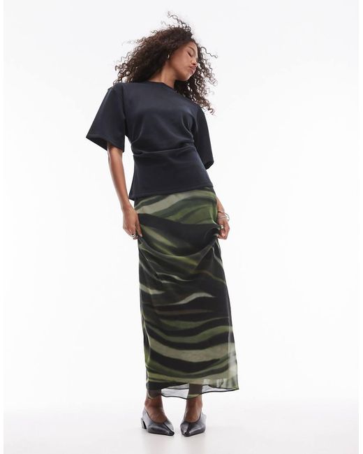 Mango Green Mixed Print Mesh Maxi Skirt
