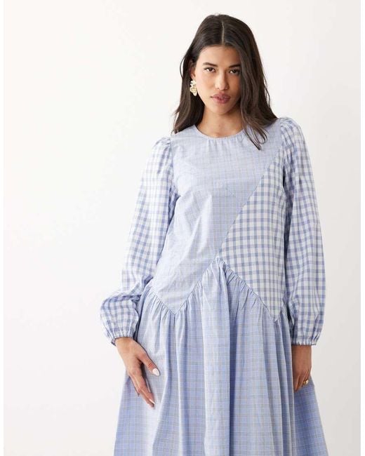 Y.A.S Blue Cutabout Seam Fabric Mix Midi Dress