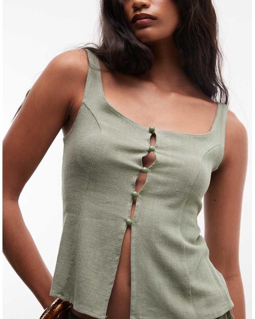 Reclaimed Vintage Green Linen Fitted Blouse With Picot Trim
