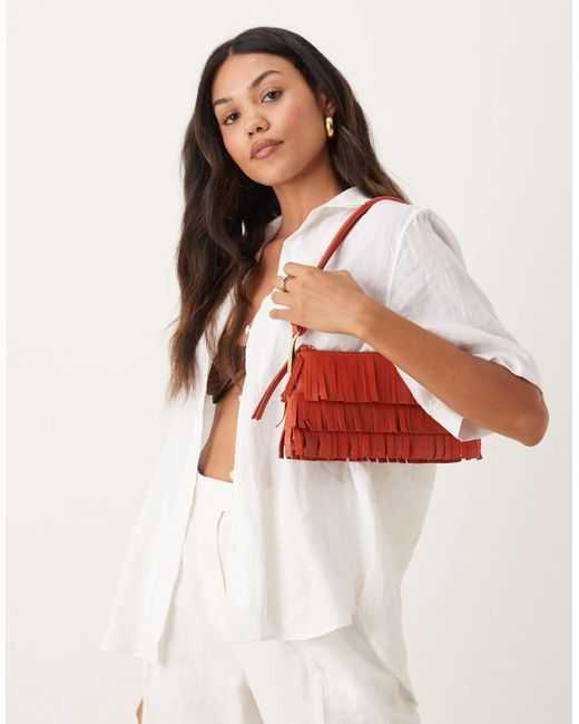 Mango Red Leather Fringed Hand Bag With Gold Accents