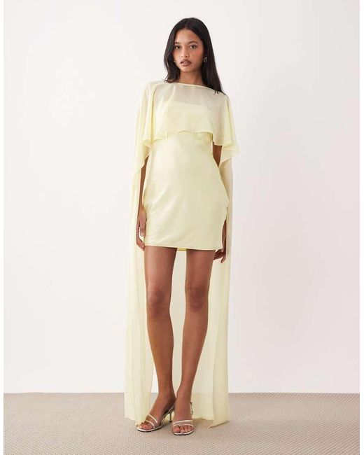 TFNC London Natural Satin Mini Dress With Mesh Cape And Skirt