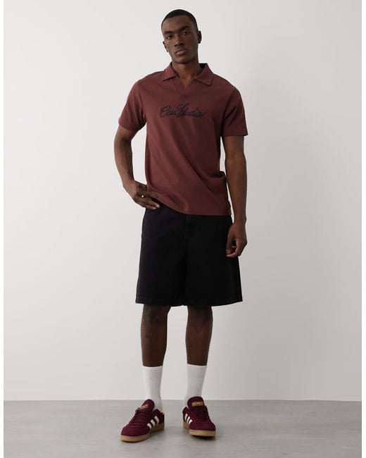 ASOS Red Super Heavyweight Regular Fit Polo With Text Graphic for men