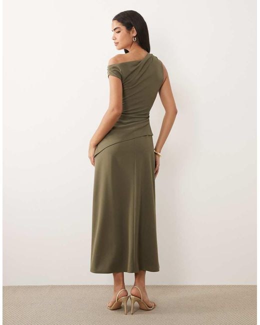 ASOS Natural Crepe Fallen Shoulder Maxi Dress With Ruched Skirt Detail