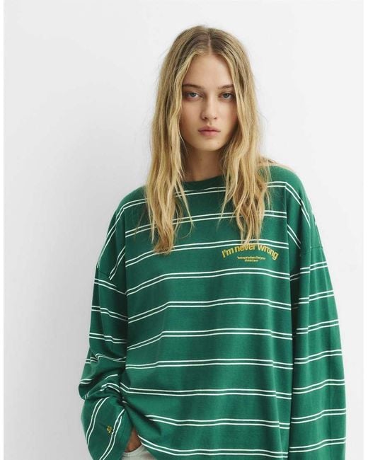 Pull&Bear Green Striped Text T-shirt